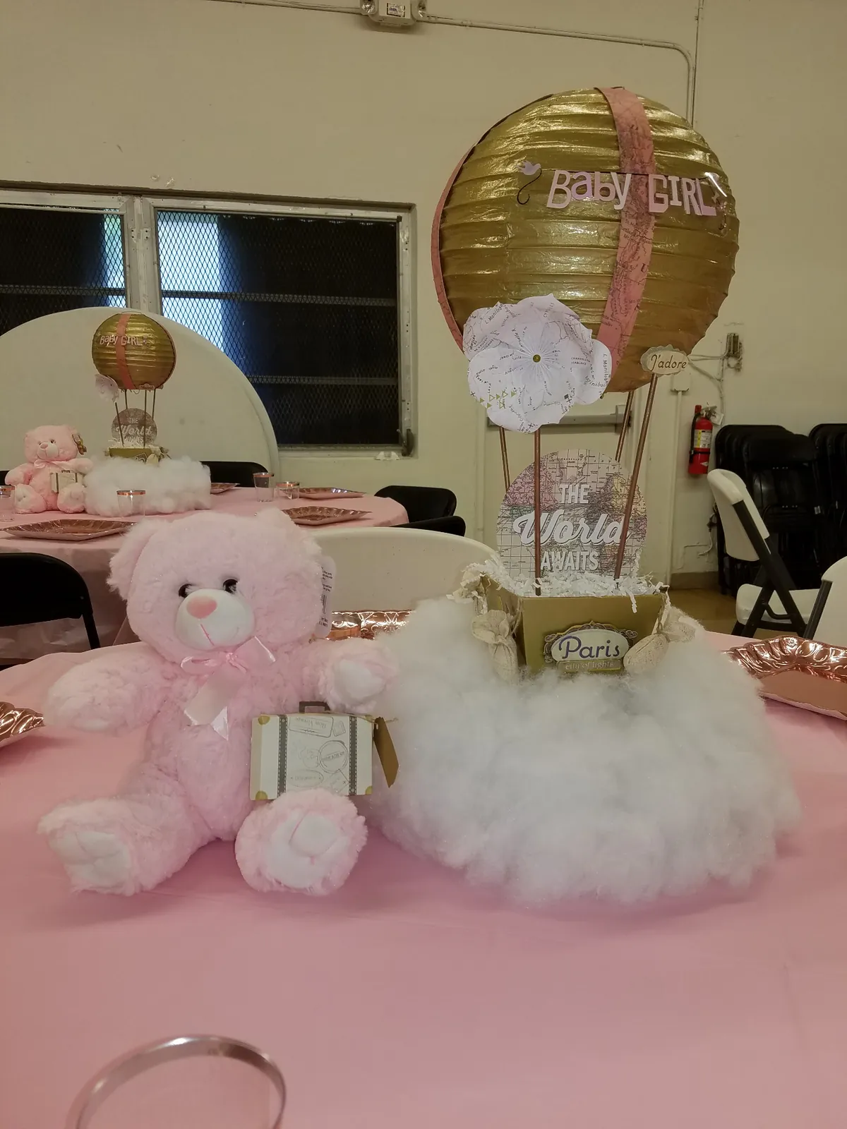 Hot air balloon 'The World Awaits' baby girl shower centerpiece in pink, gold and cloud accents