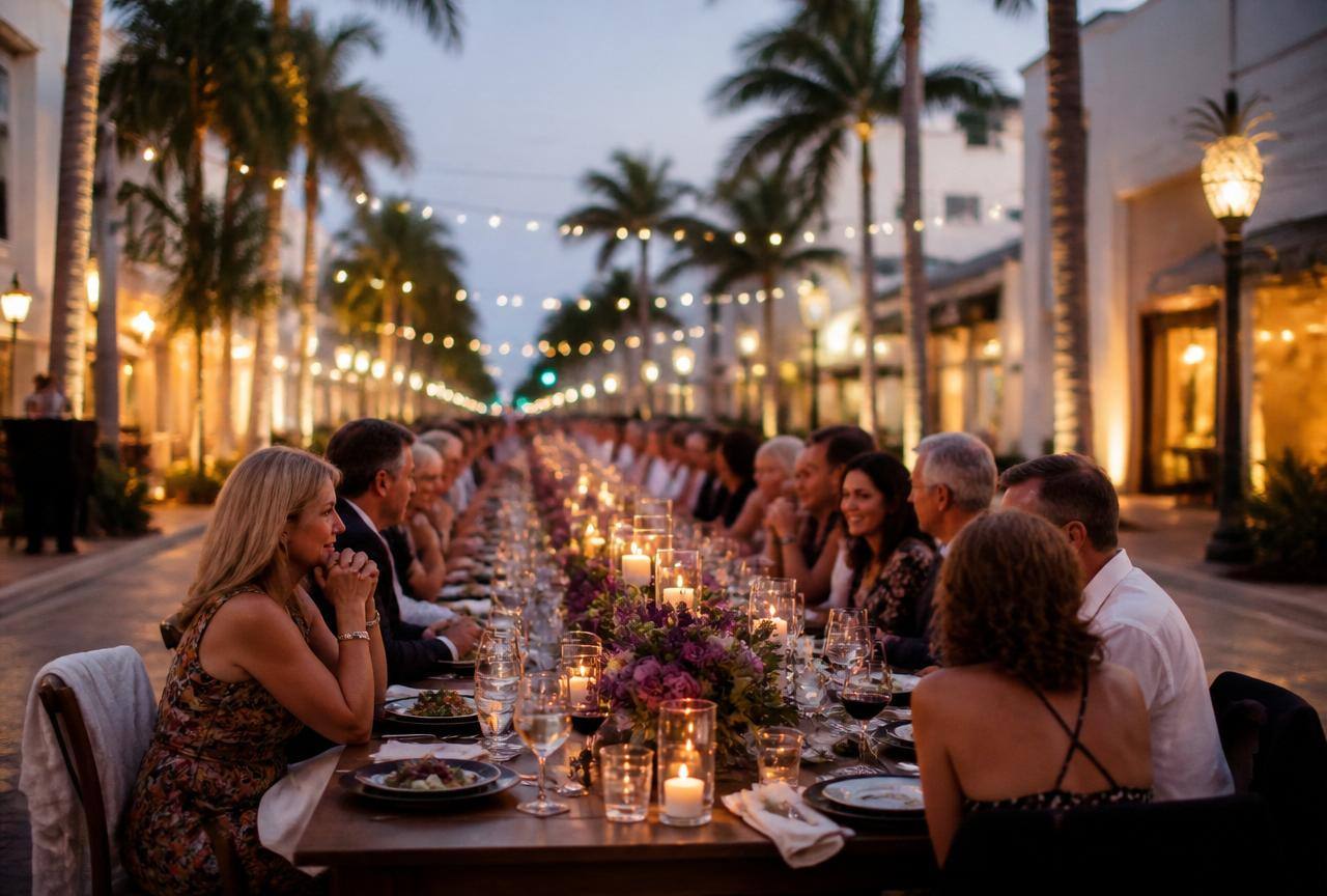Balloon Backdrops in Delray Beach, FL — real party setup with palm-lined Atlantic Avenue in the background