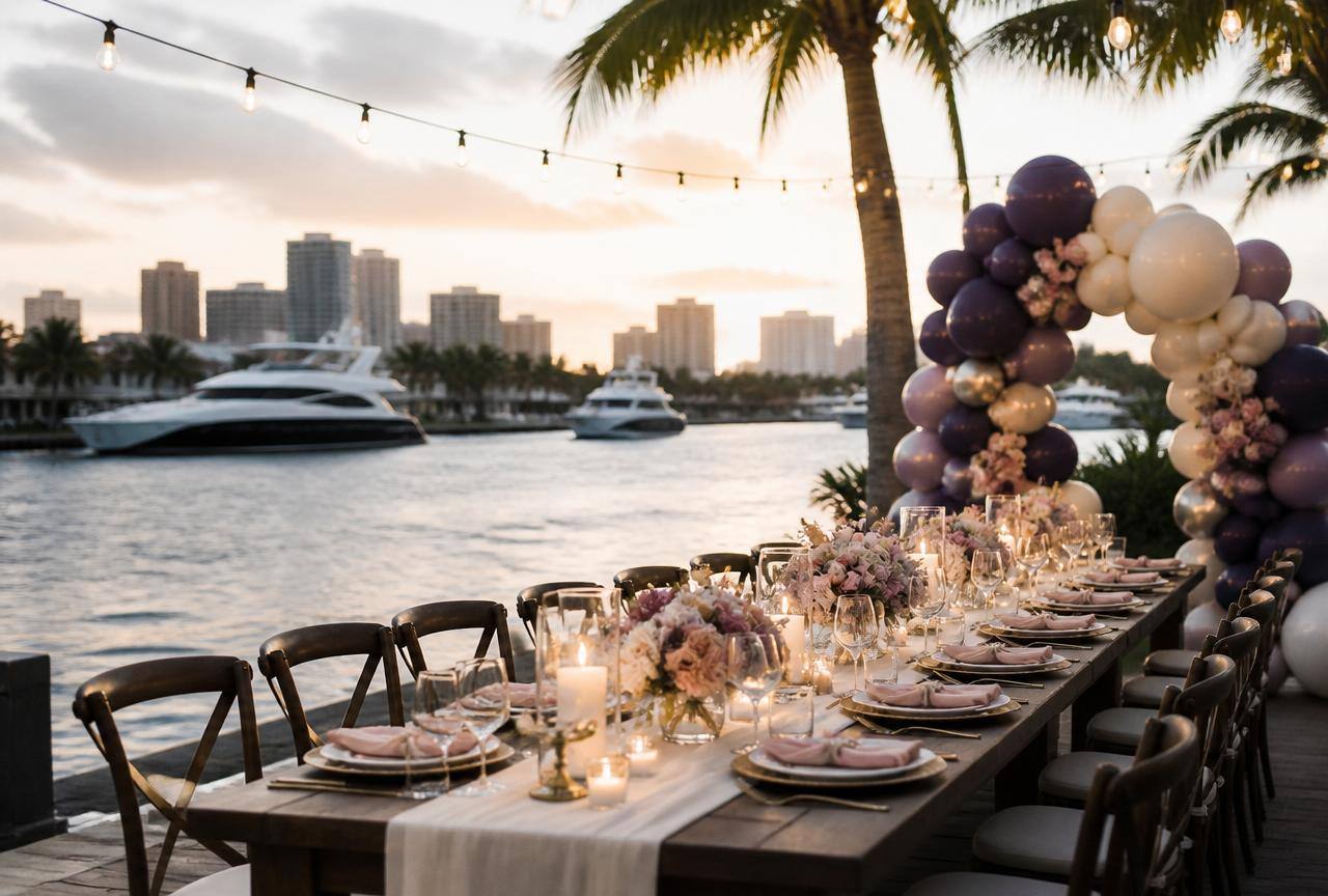 Balloon Backdrops in Fort Lauderdale, FL — real party setup with Las Olas Intracoastal yachts in the background
