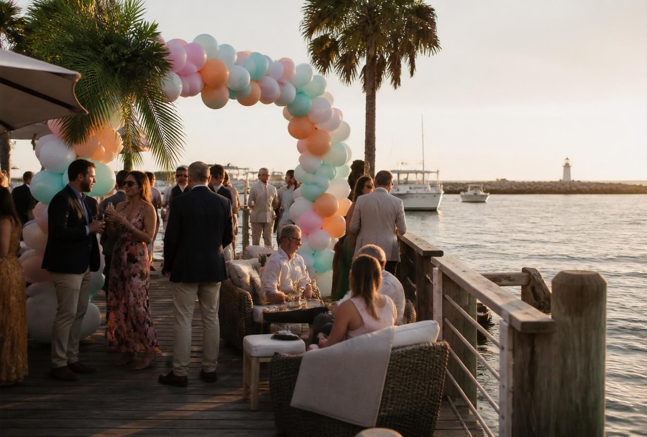 Balloon Backdrops setup in Fort Pierce — Fort Pierce Inlet dock at sunset