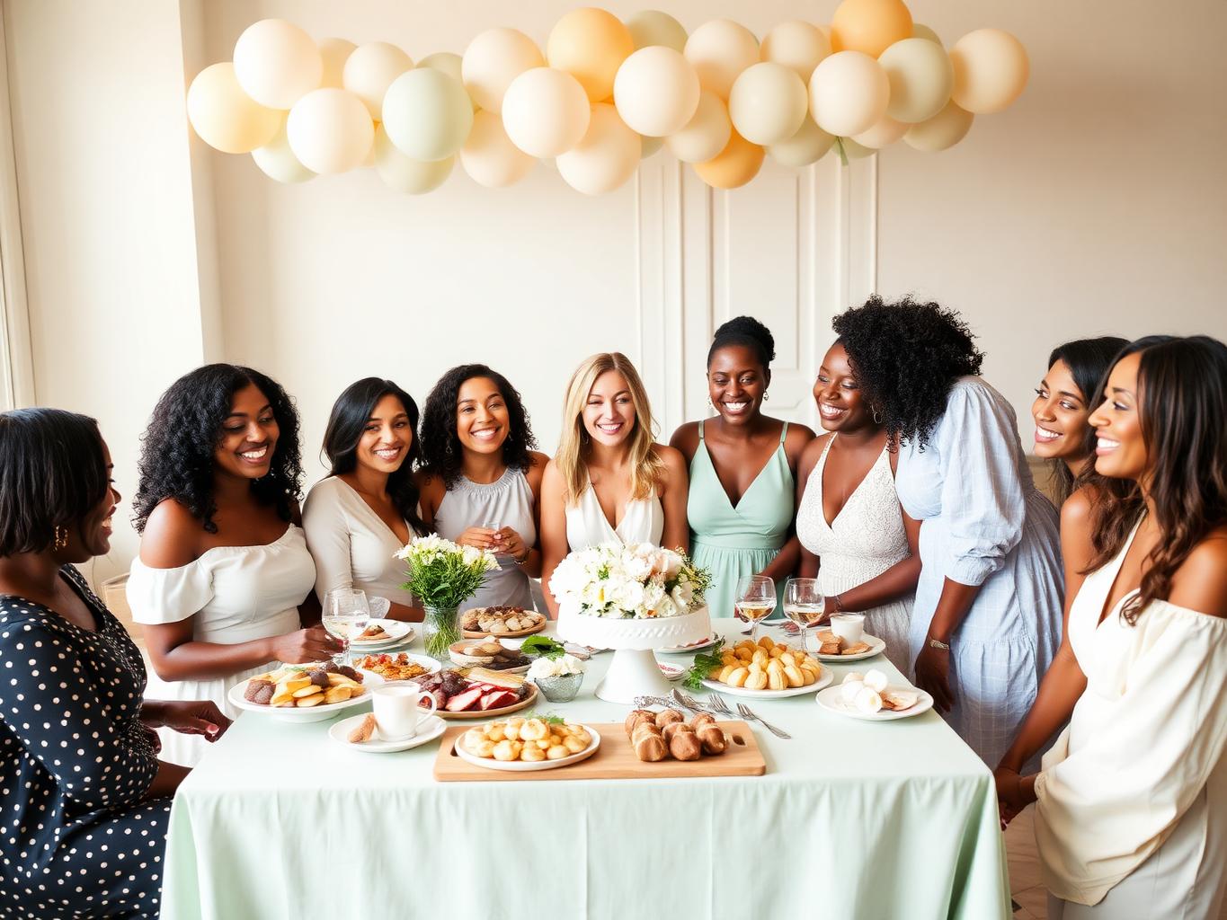 Baby shower brunch styling in sage and cream with diverse women guests celebrating