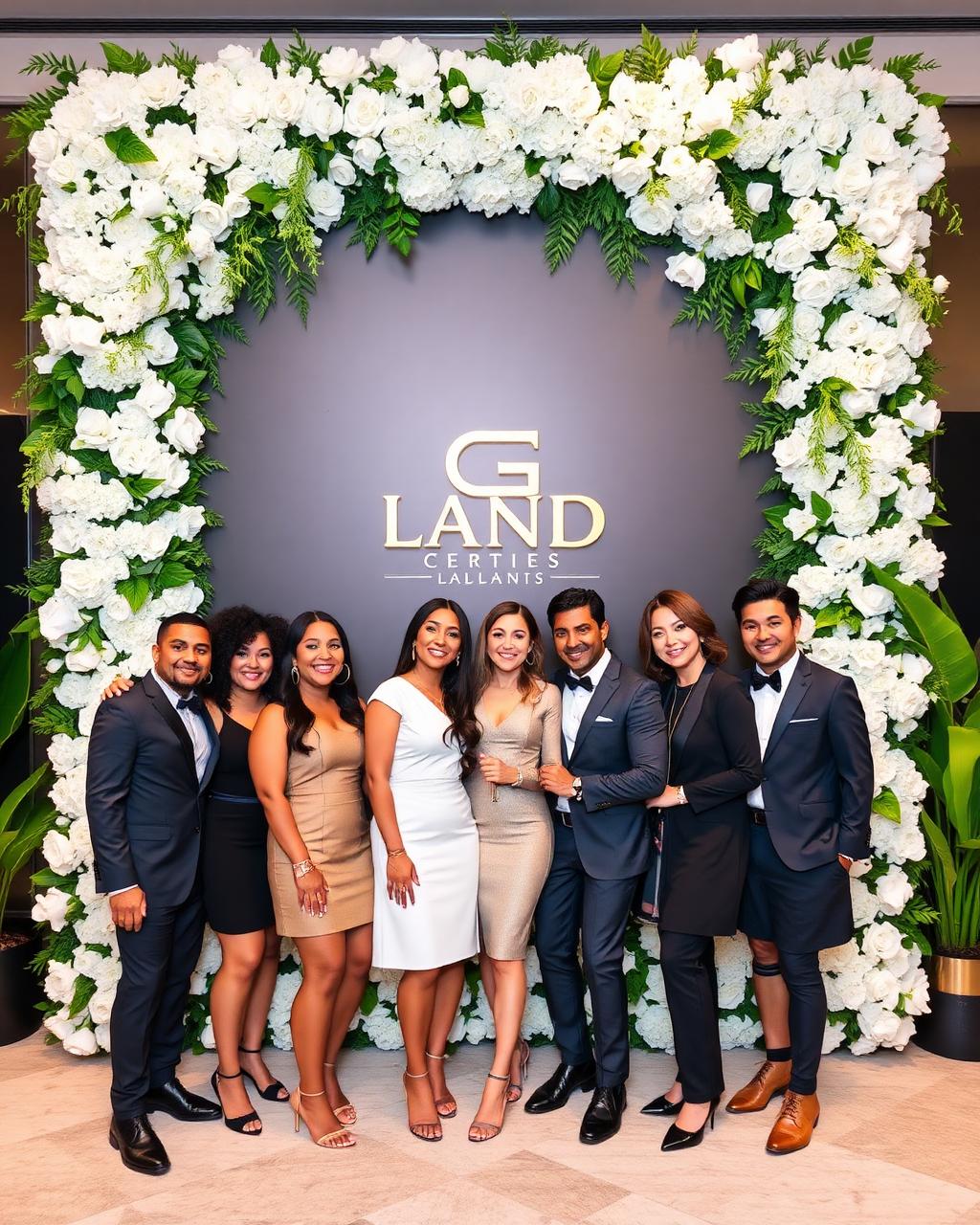Corporate brand launch floral photo backdrop with diverse guests