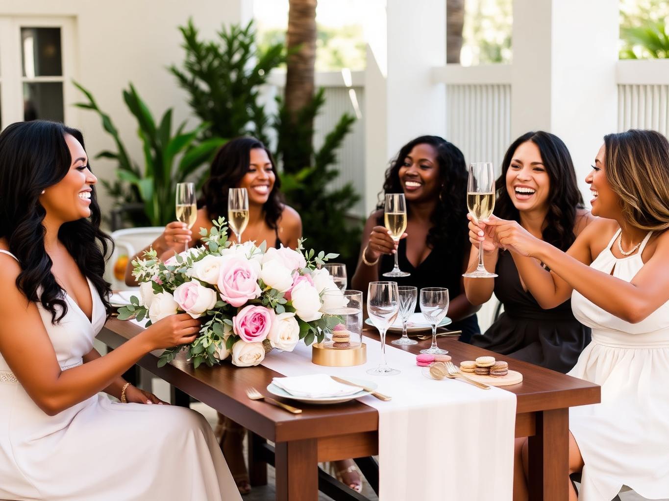 Bridal shower brunch on a Florida terrace with a diverse group of women toasting champagne