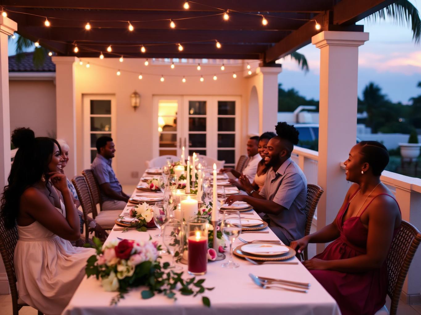 Intimate engagement dinner on a South Florida terrace with diverse friends and family