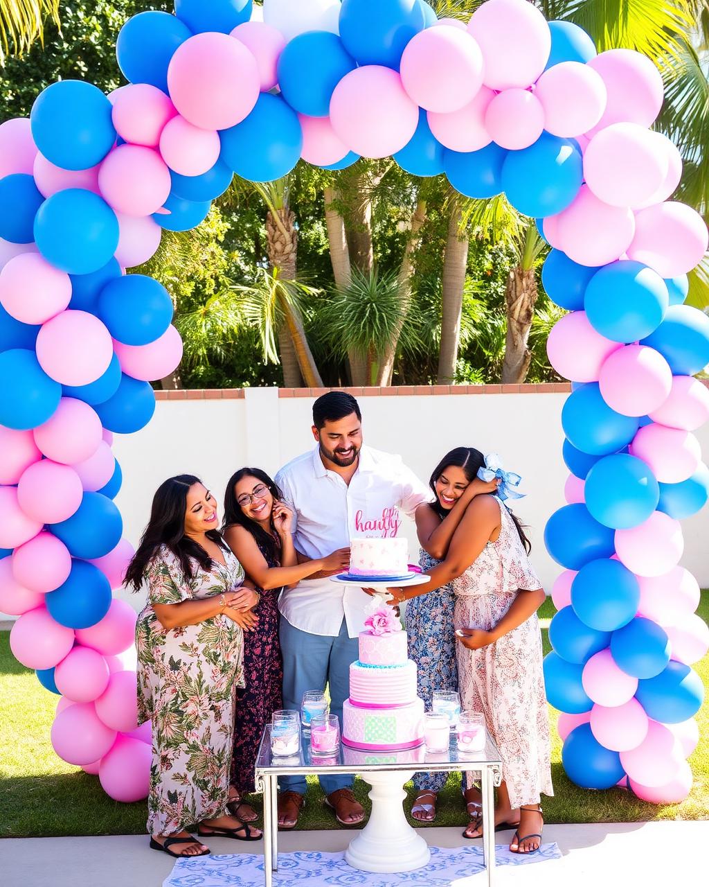 Outdoor gender reveal balloon arch with a joyful Latino family