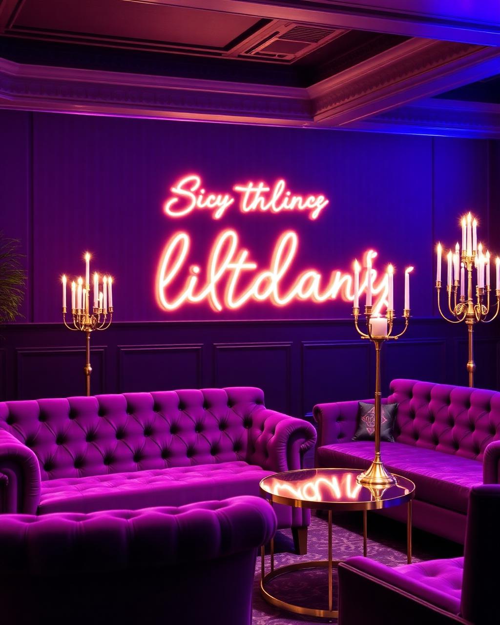 Milestone birthday lounge in deep violet with velvet seating and neon signage