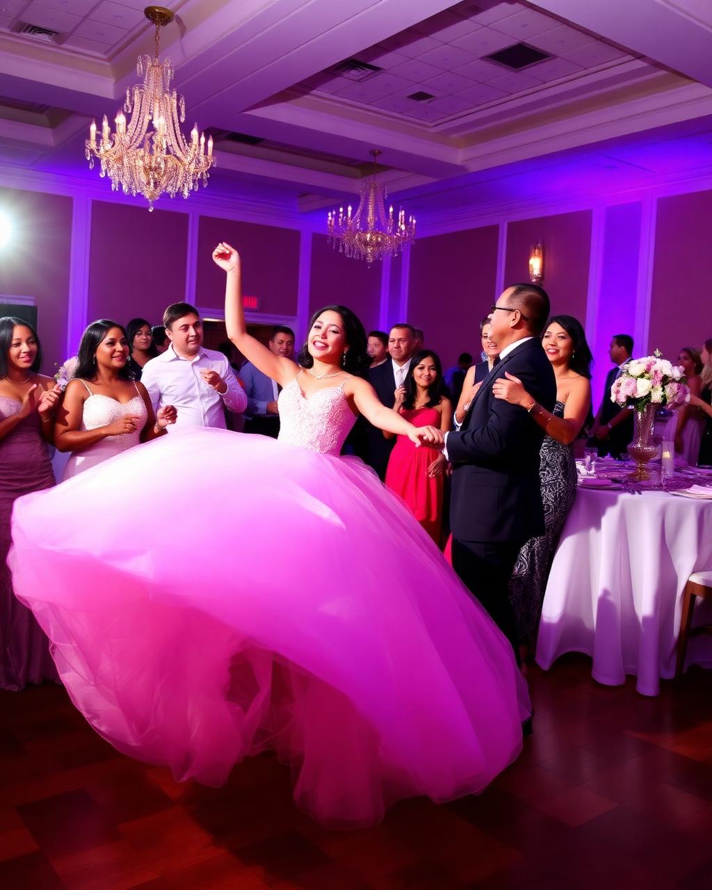 Quinceañera celebration in a Miami ballroom with the honoree dancing