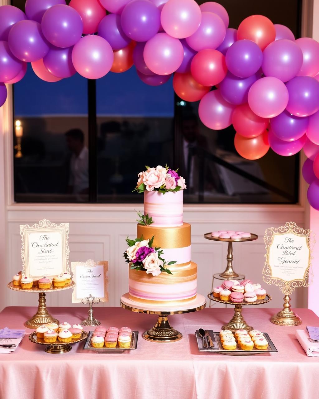 Sweet sixteen dessert bar with tiered cake and balloon garland