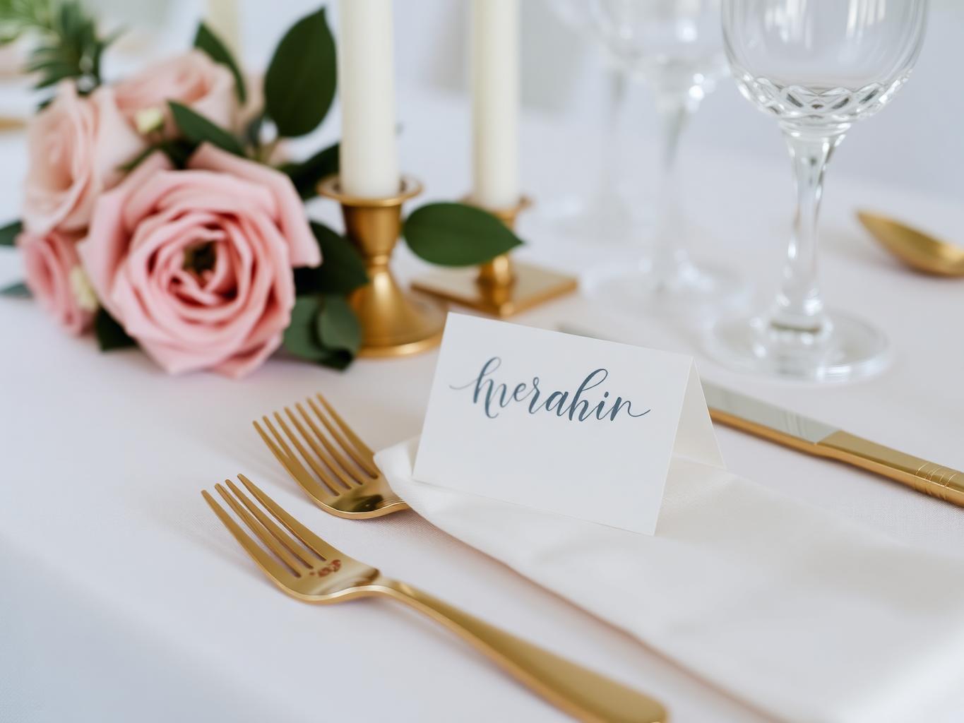 Tabletop styling with gold flatware, taper candles, and blush roses
