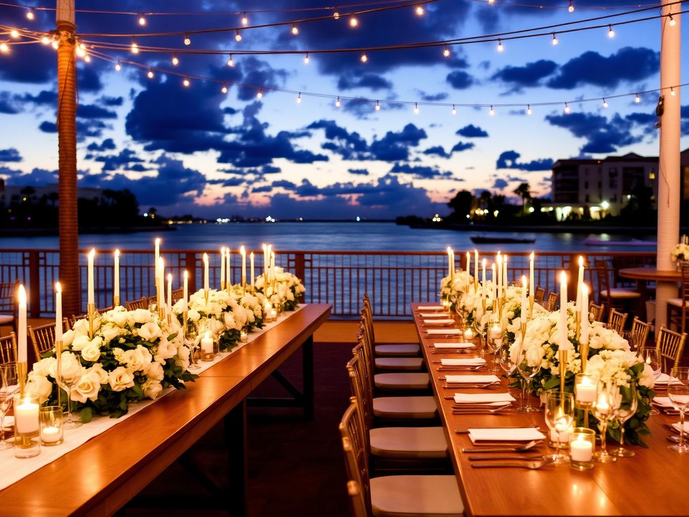 Waterfront wedding reception with candlelit farm tables and string lights