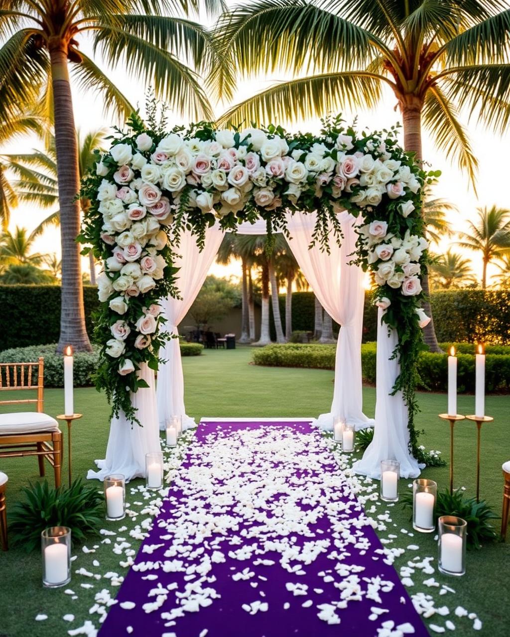 Ivory and blush floral wedding arch with palms at golden hour, South Florida