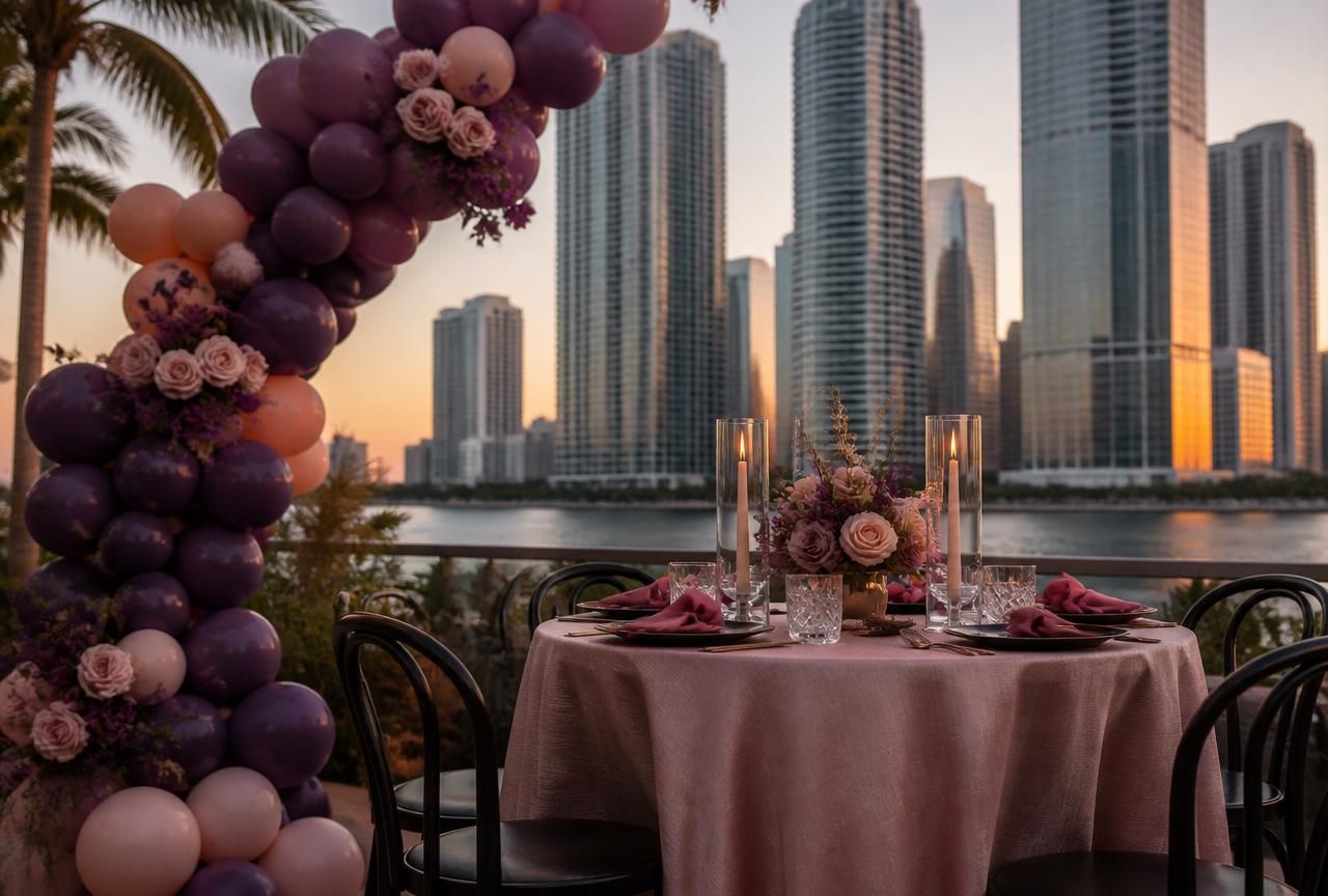 Custom Event Design setup in Miami — Brickell skyline over Biscayne Bay