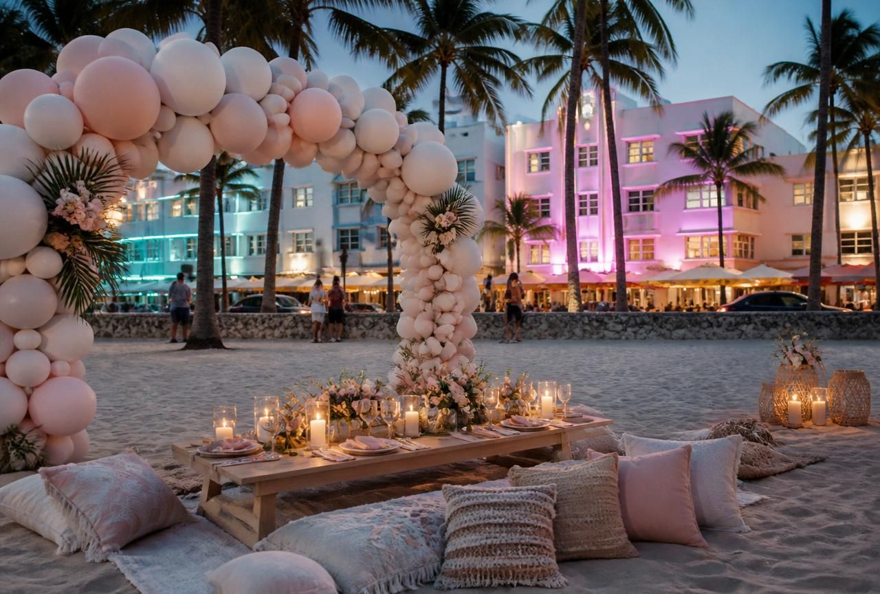 Custom Event Design setup in Miami Beach — Art Deco Ocean Drive at dusk