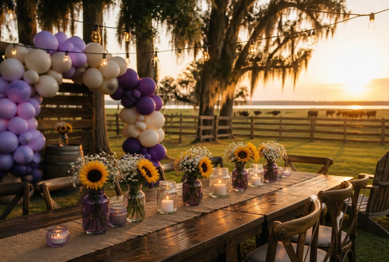 Event Planning setup in Okeechobee — Lake Okeechobee ranch at golden hour