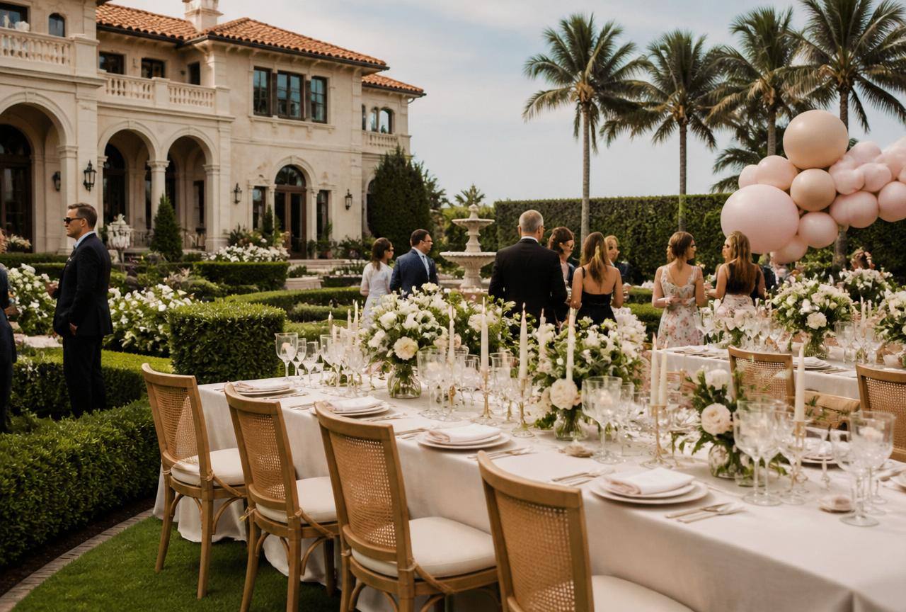 Event Planning in Palm Beach, FL — real party setup with Palm Beach island estate garden in the background