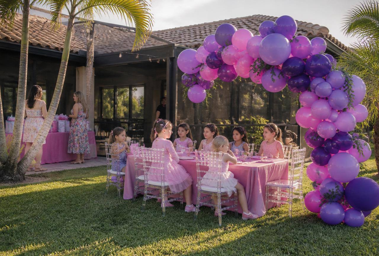 Custom Event Design in Pembroke Pines, FL — real party setup with screened-lanai backyard, Pembroke Pines in the background