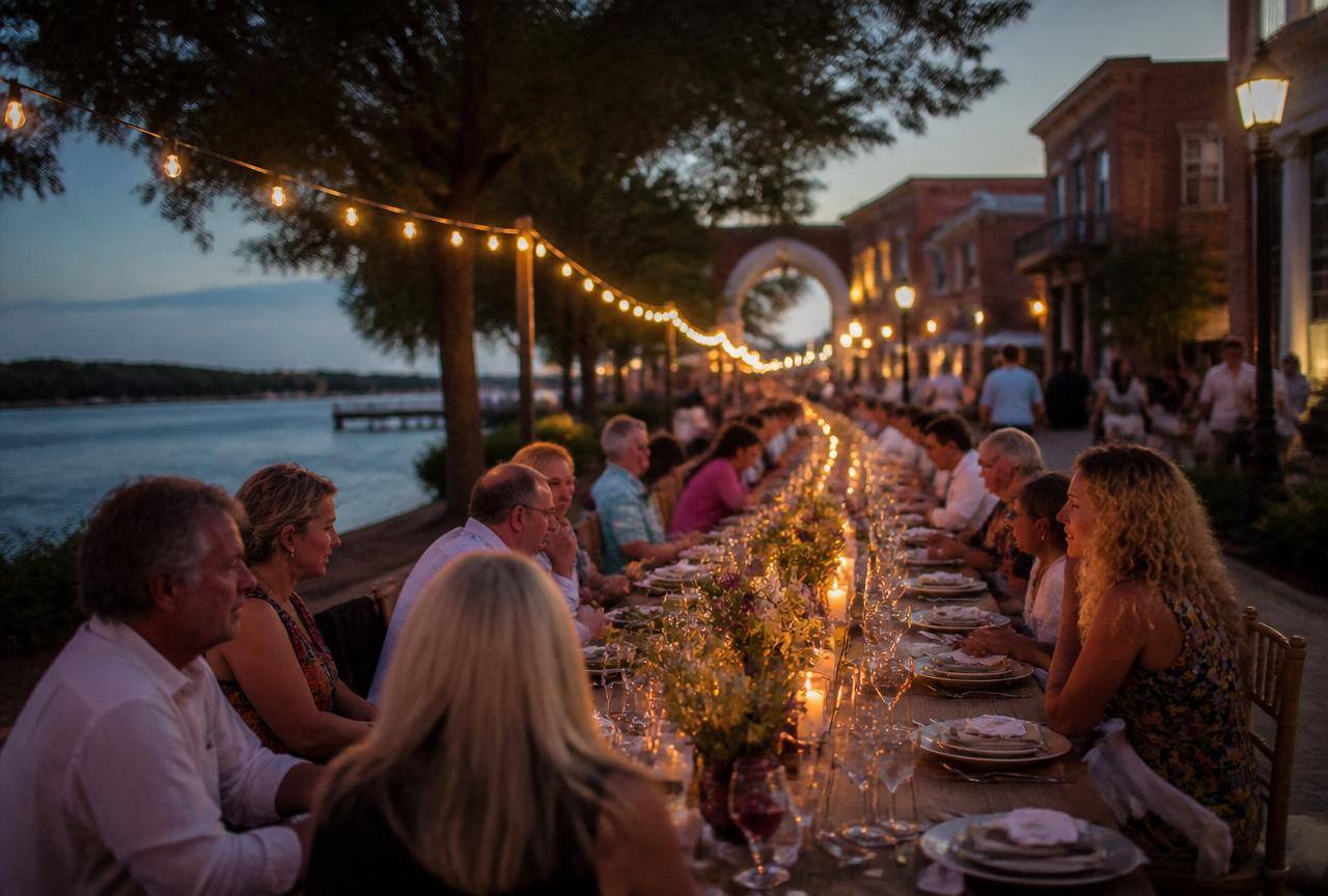 Celebrations in Stuart, FL — real party setup with historic downtown Stuart riverwalk in the background